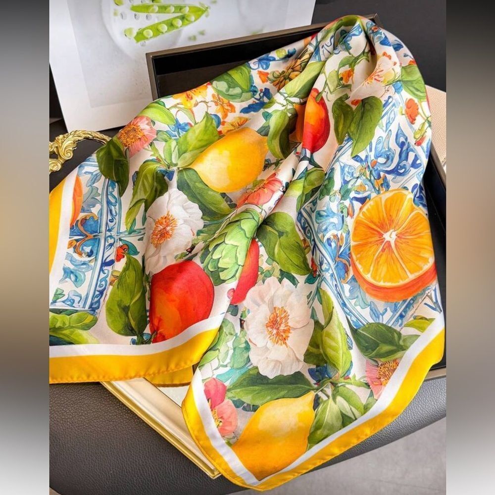 Anthropologie Citrus & Floral Silk Scarf in Yellow, Green, Orange, Red, White